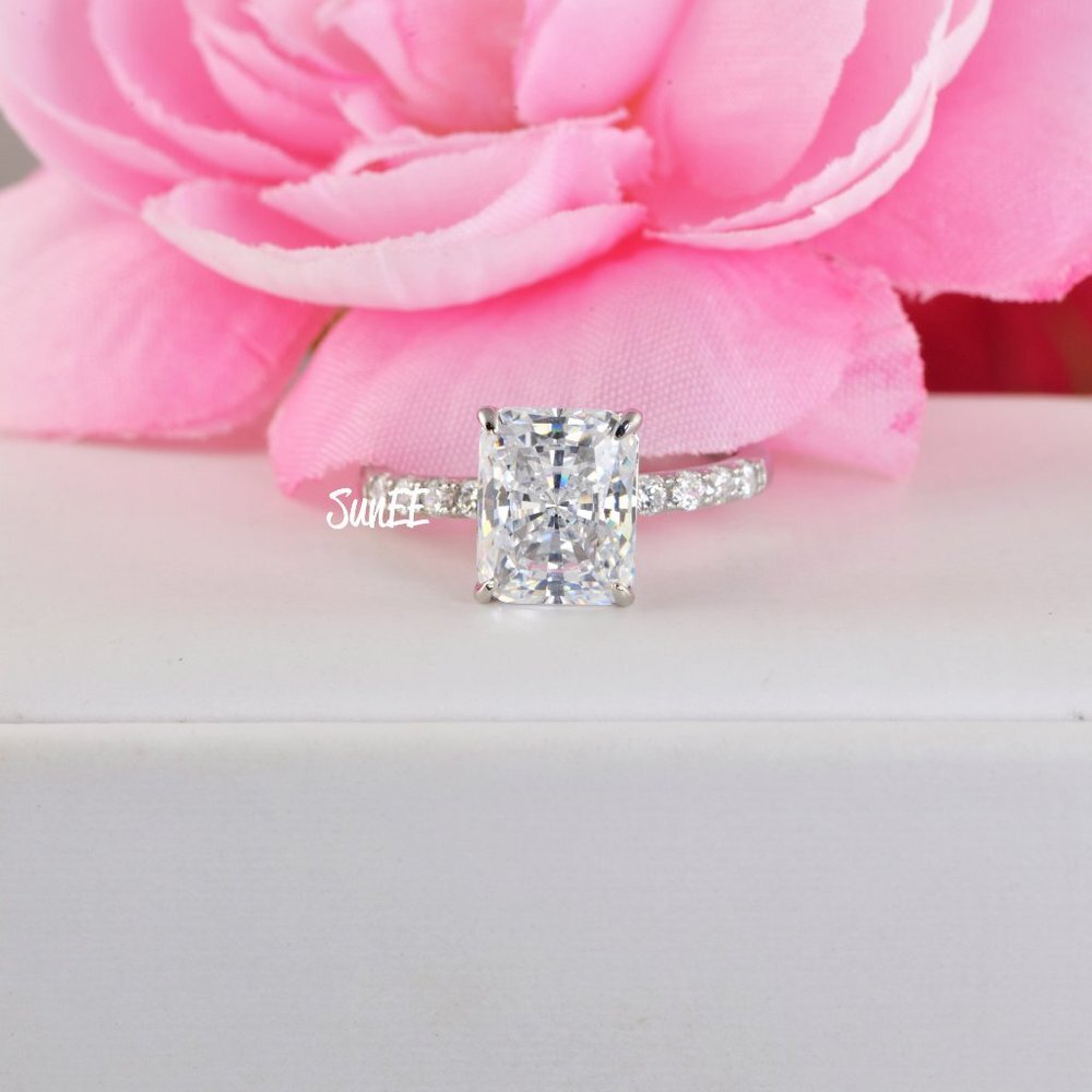 NEW RADIANT DIAMOND CUT WEDDING RINGS ENGAGEMENT RING SET - Picture 2 of 11